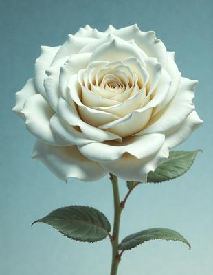 The primary subject of the image is a white rose, which is the main object, scene, or focus of the image. The rose is sitting on a blue surface, which serves as the setting or background. The visual style of the image is a photo, capturing the rose in its natural beauty. The dominant colors in the image are white and blue, creating a serene and calming atmosphere.